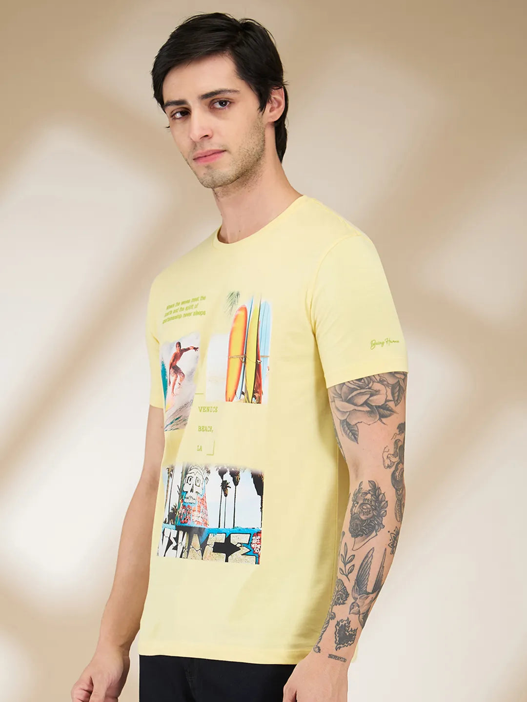 Yellow Slim Fit Round Neck Mens' T-Shirt by Being Human Clothing
