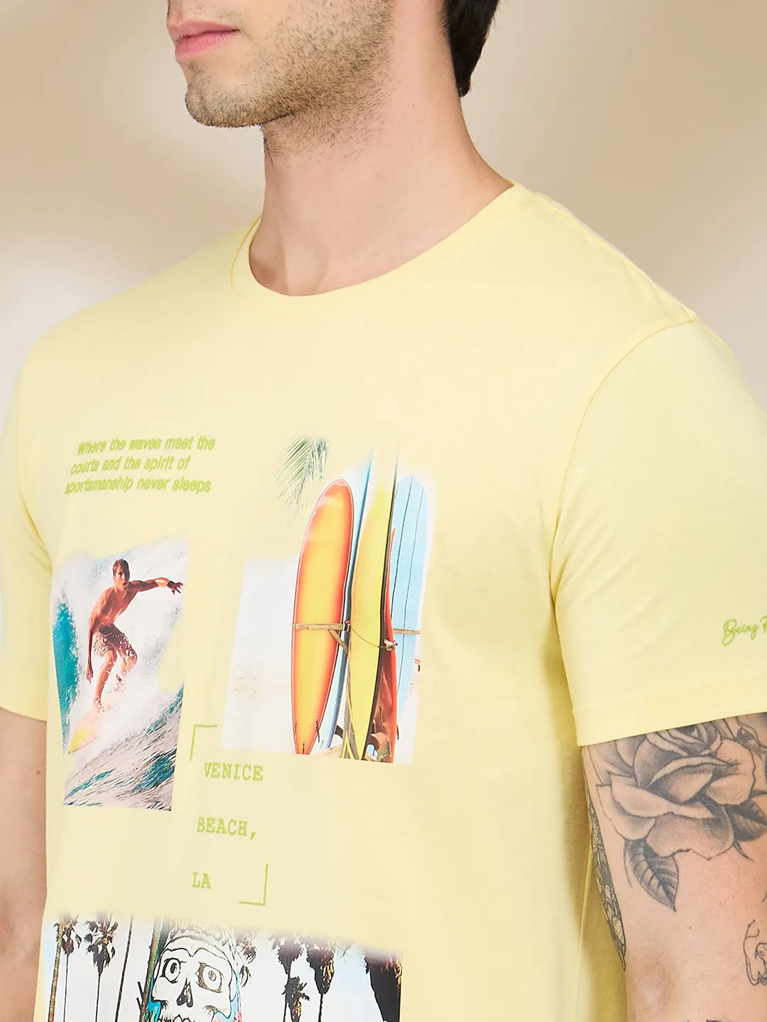 Yellow Slim Fit Round Neck Mens' T-Shirt by Being Human Clothing