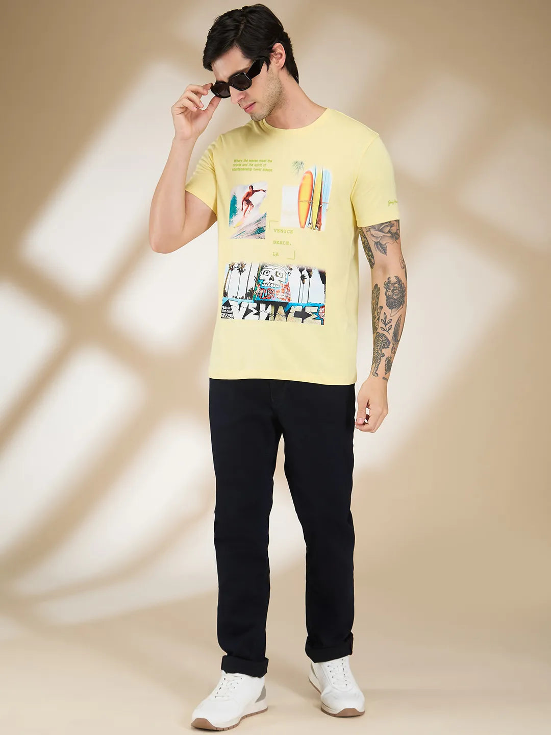 Yellow Slim Fit Round Neck Mens' T-Shirt by Being Human Clothing