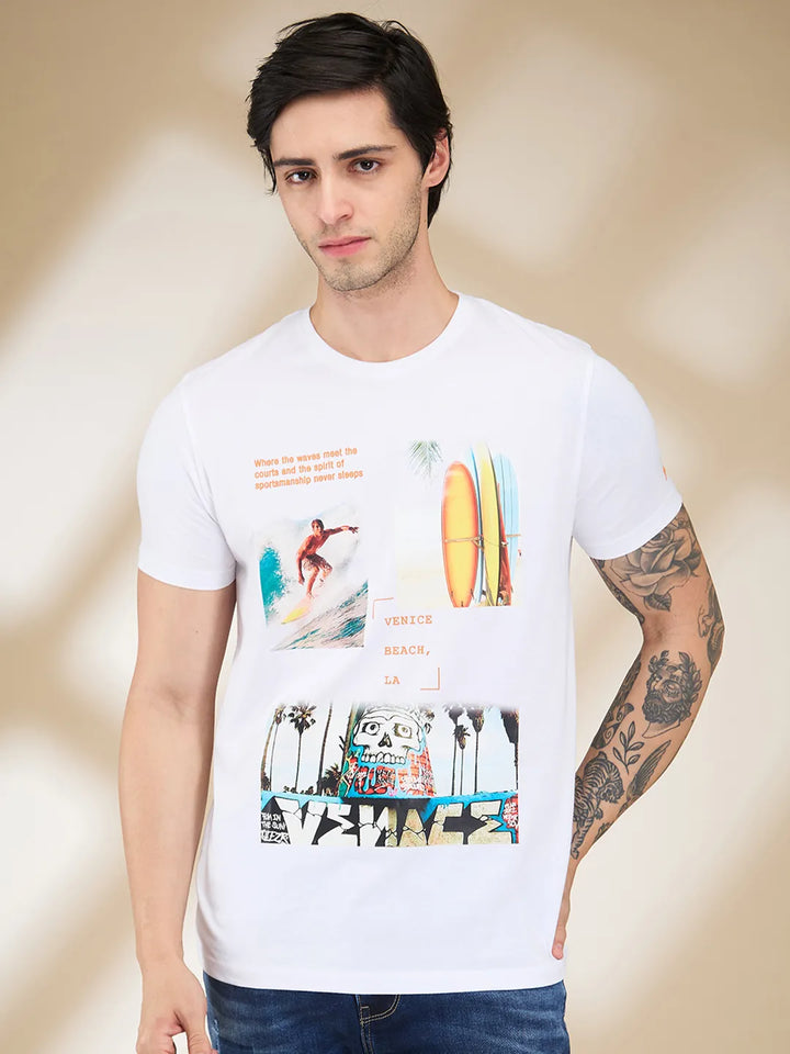 White Slim Fit Round Neck Men's T-Shirt by Being Human Clothing