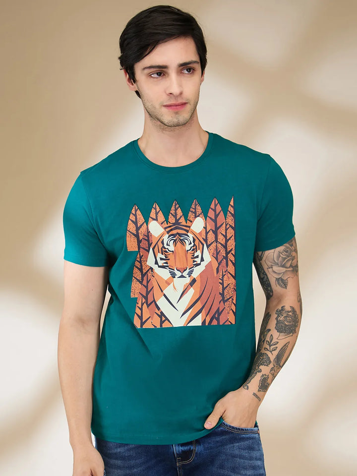 Green Slim Fit Men's Short Sleeves T-Shirt by Being Human Clothing