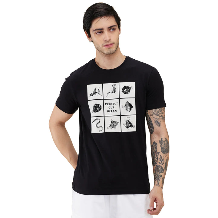 Black Slim Fit Round Neck Men's T-Shirt by Being Human Clothing