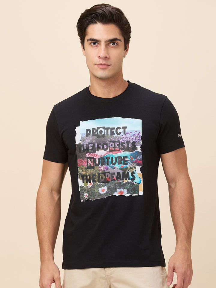 Black Slim Fit Round Neck Mens T-shirt