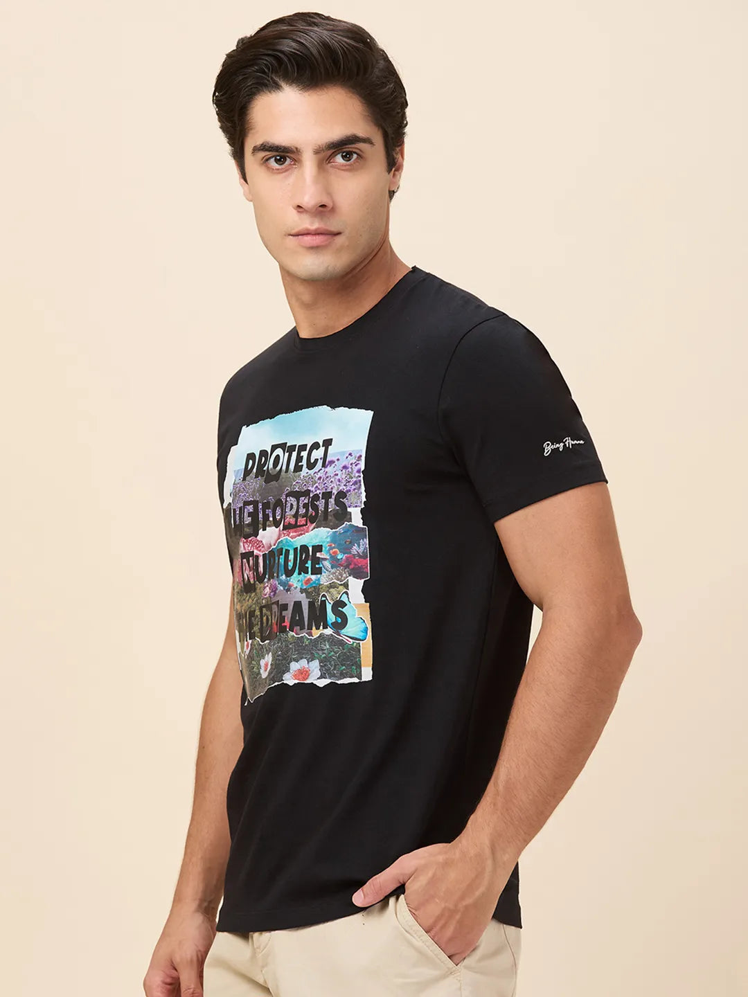 Black Slim Fit Round Neck Men's T-Shirt by Being Human Clothing
