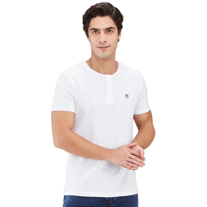 White Slim Fit Henley Neck Men's T-Shirt by Being Human Clothing
