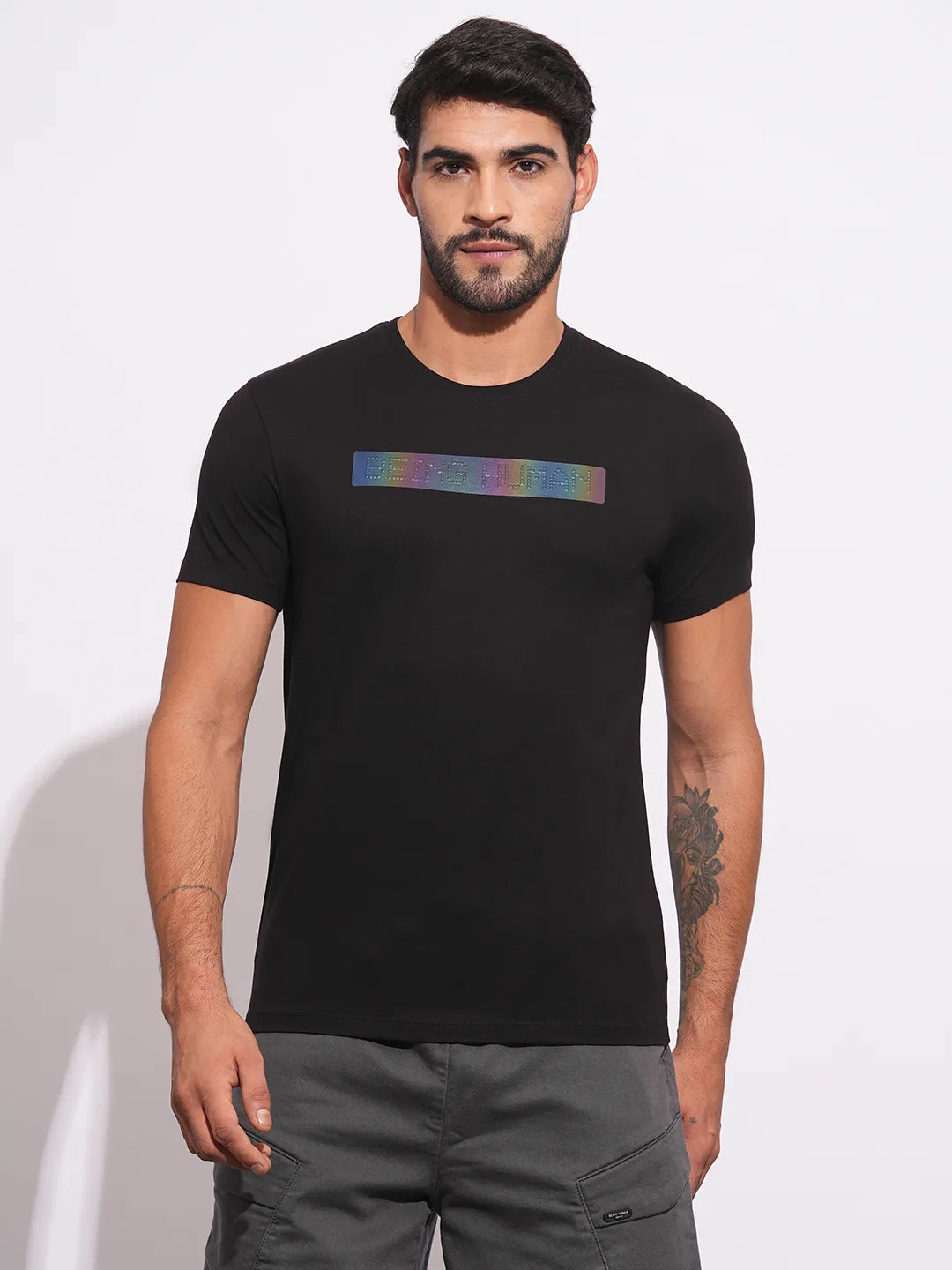 Black Slim Fit Round Neck Men's T-Shirt by Being Human Clothing