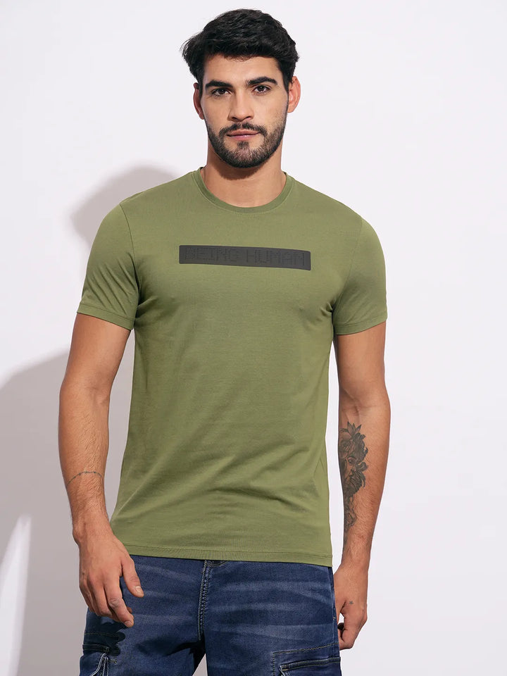 Olive Slim Fit Round Neck Men's T-Shirt by Being Human Clothing