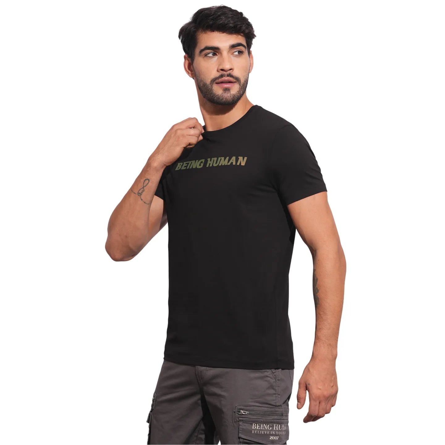 Mens-Top Crew Neck Black by Being Human Clothing
