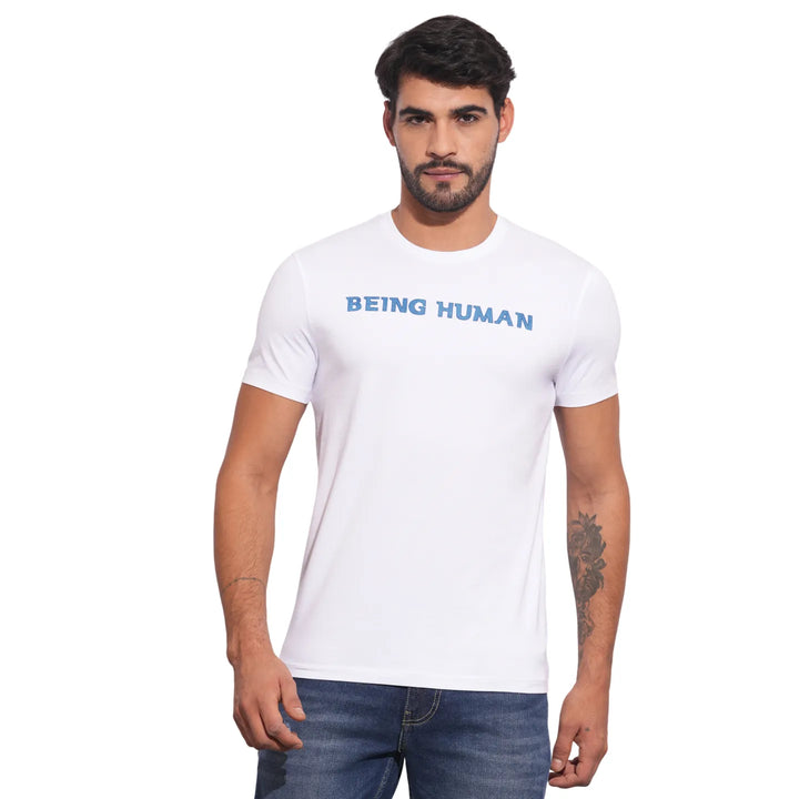 White Slim Fit Round Neck Men's T-Shirt by Being Human Clothing