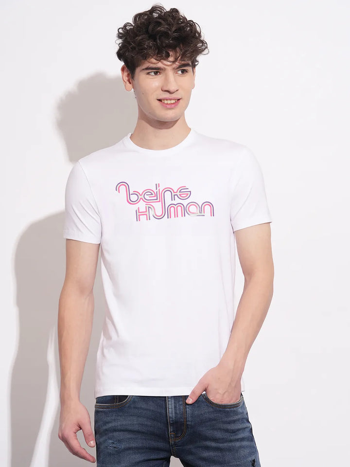 White Slim Fit Round Neck Men's T-Shirt by Being Human Clothing