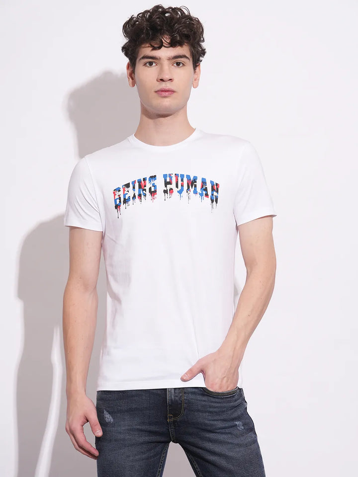 White Slim Fit Round Neck Men's T-Shirt by Being Human Clothing