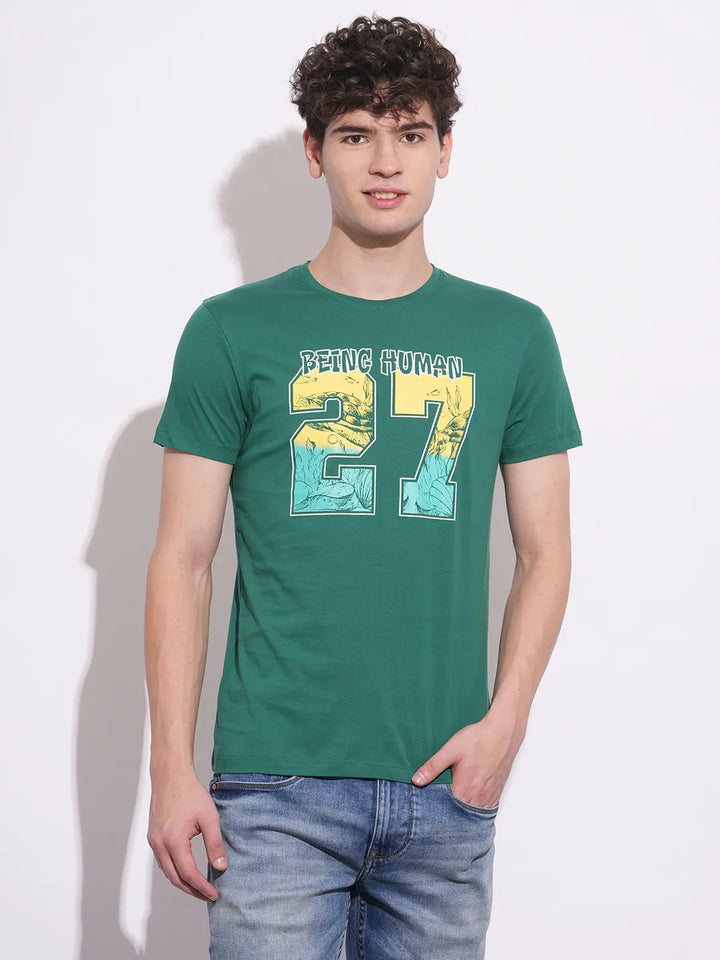Green Lake Slim Fit Round Neck Men's T-Shirt by Being Human Clothing