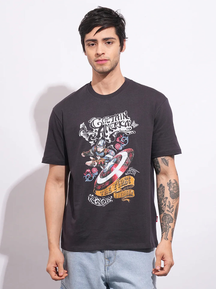 Captain America Charcoal Easy Fit Round Neck Men's T-Shirt by Being Human Clothing