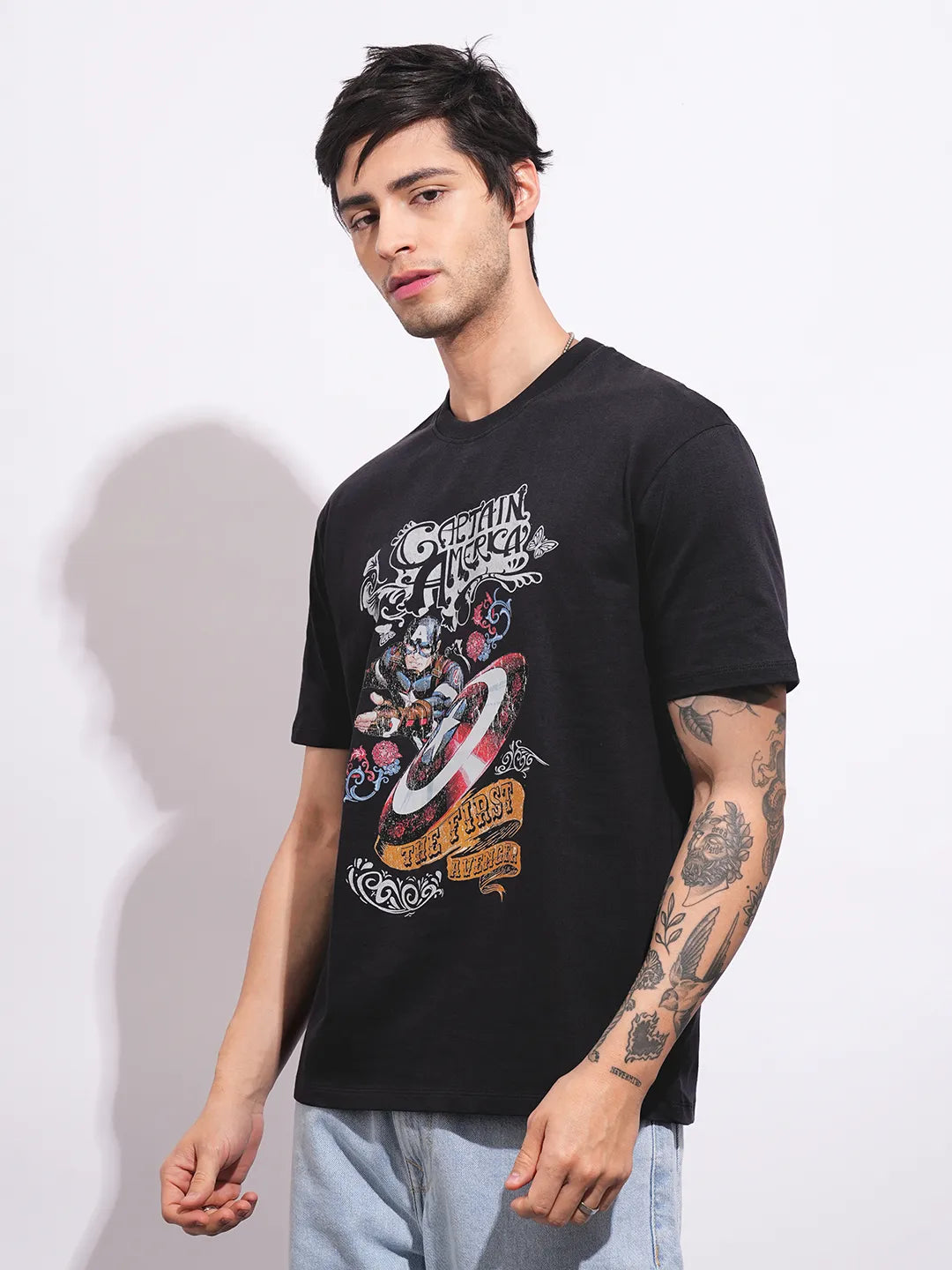 Captain America Charcoal Easy Fit Round Neck Men's T-Shirt by Being Human Clothing