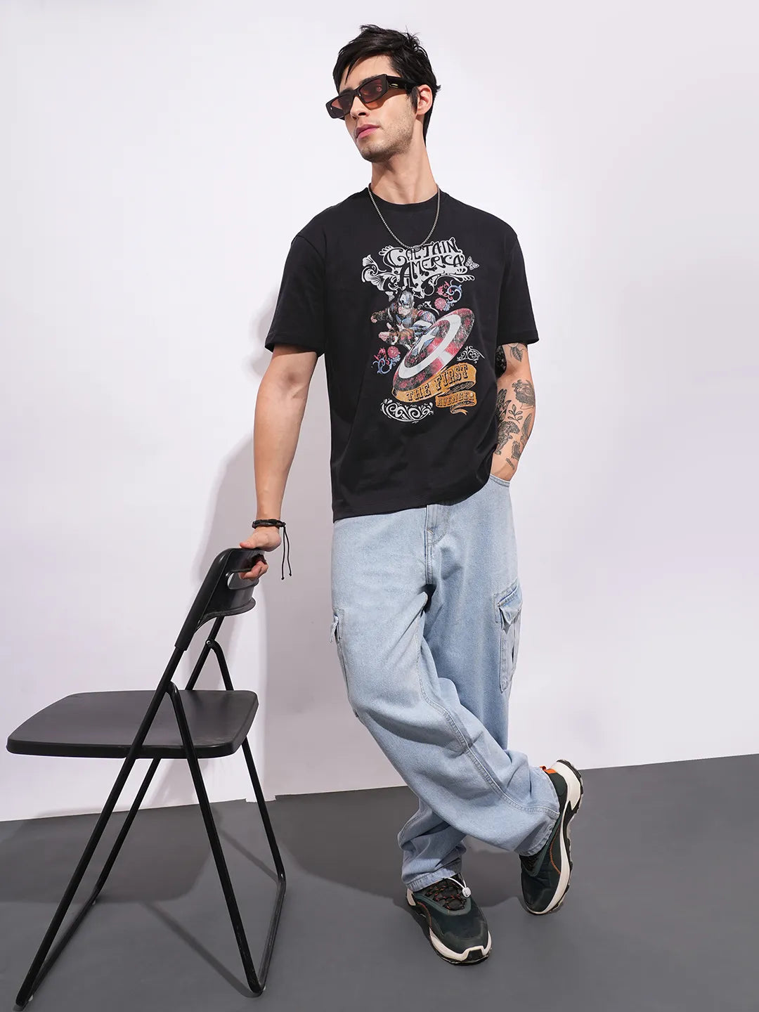 Captain America Charcoal Easy Fit Round Neck Men's T-Shirt by Being Human Clothing