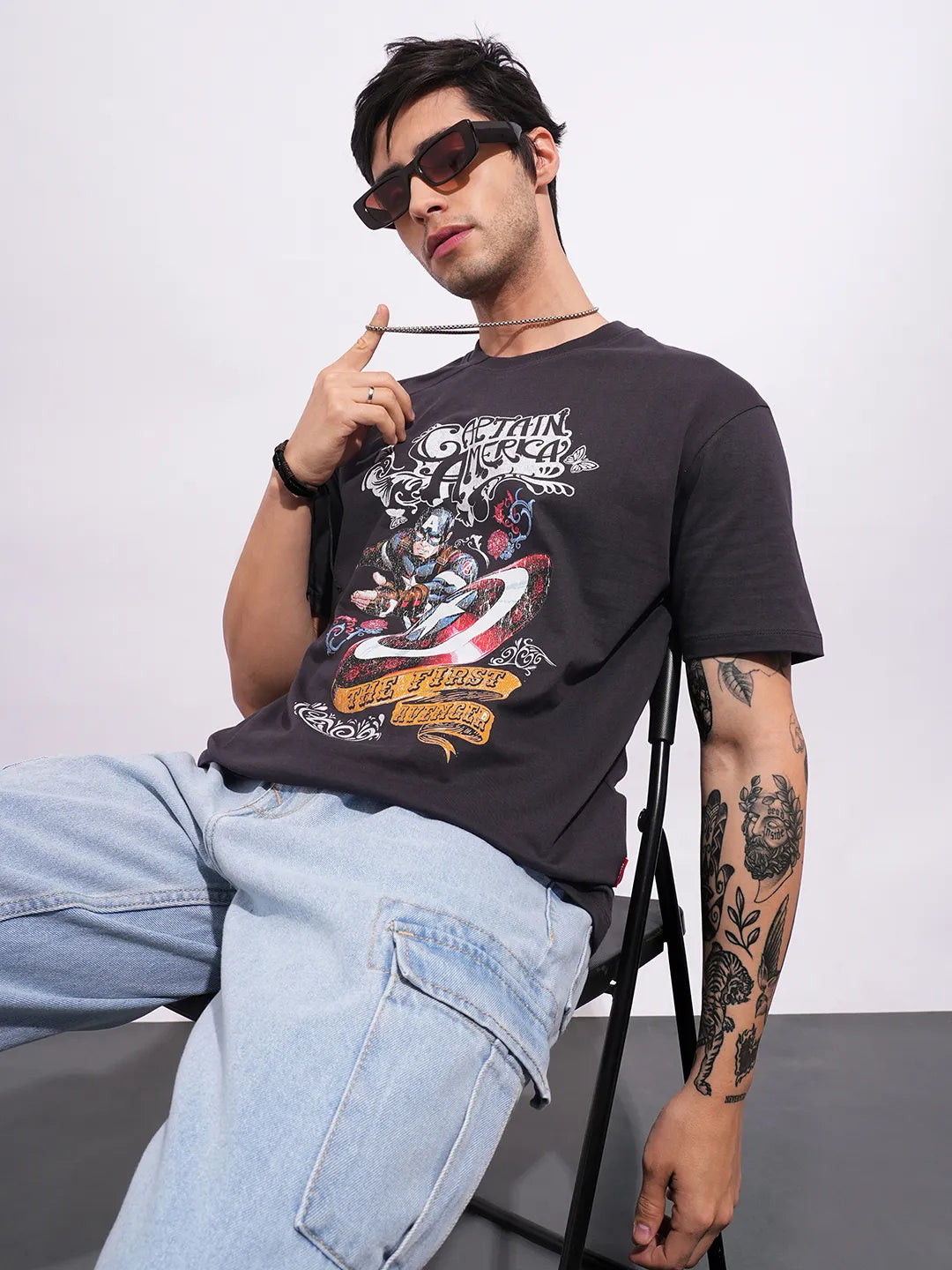 Captain America Charcoal Easy Fit Round Neck Men's T-Shirt by Being Human Clothing