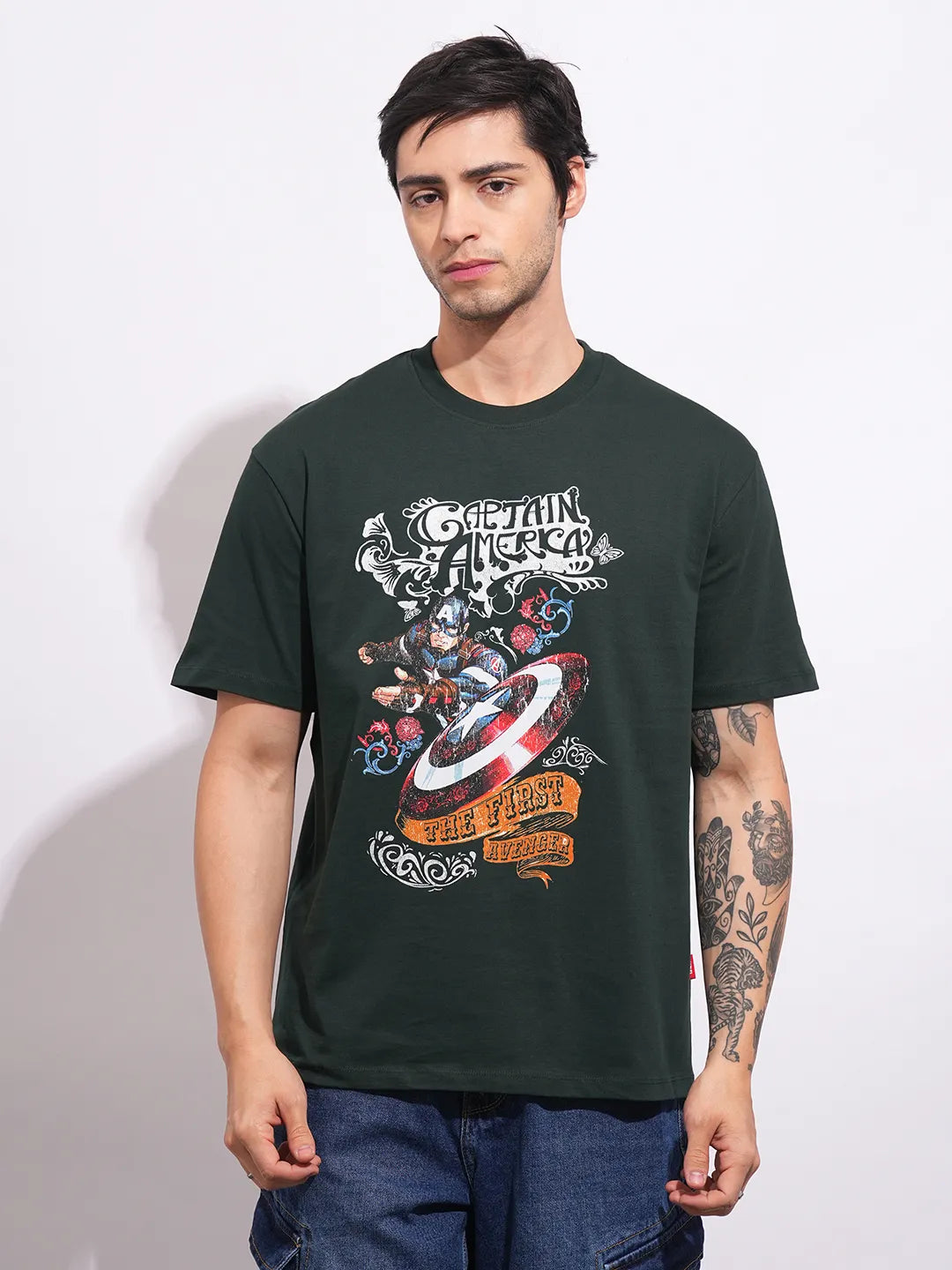 Captain America Dark Green Easy Fit Round Neck Men's T-Shirt by Being Human Clothing