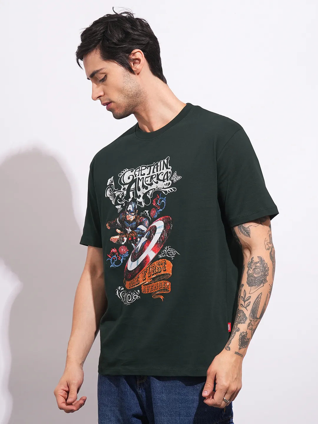 Captain America Dark Green Easy Fit Round Neck Men's T-Shirt by Being Human Clothing