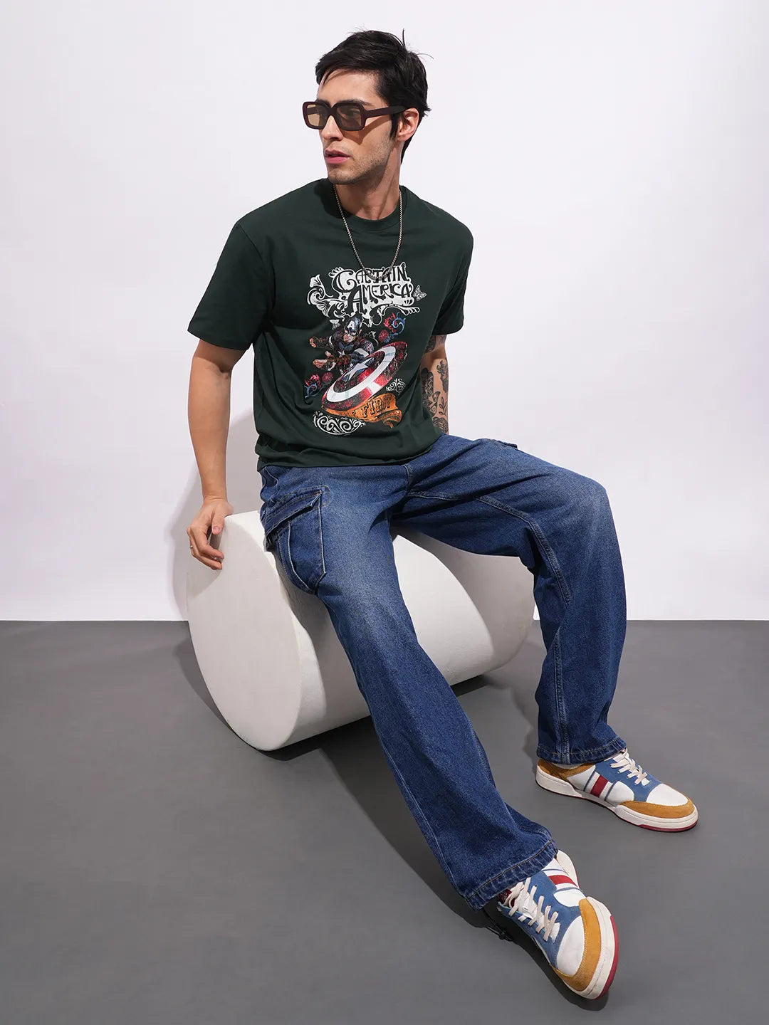 Captain America Dark Green Easy Fit Round Neck Men's T-Shirt by Being Human Clothing