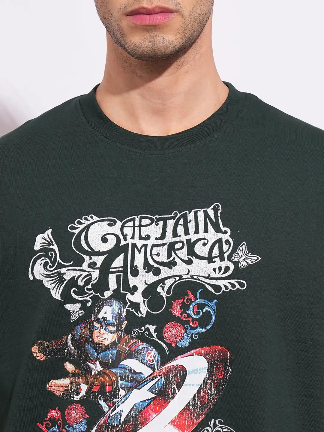 Captain America Dark Green Easy Fit Round Neck Men's T-Shirt by Being Human Clothing