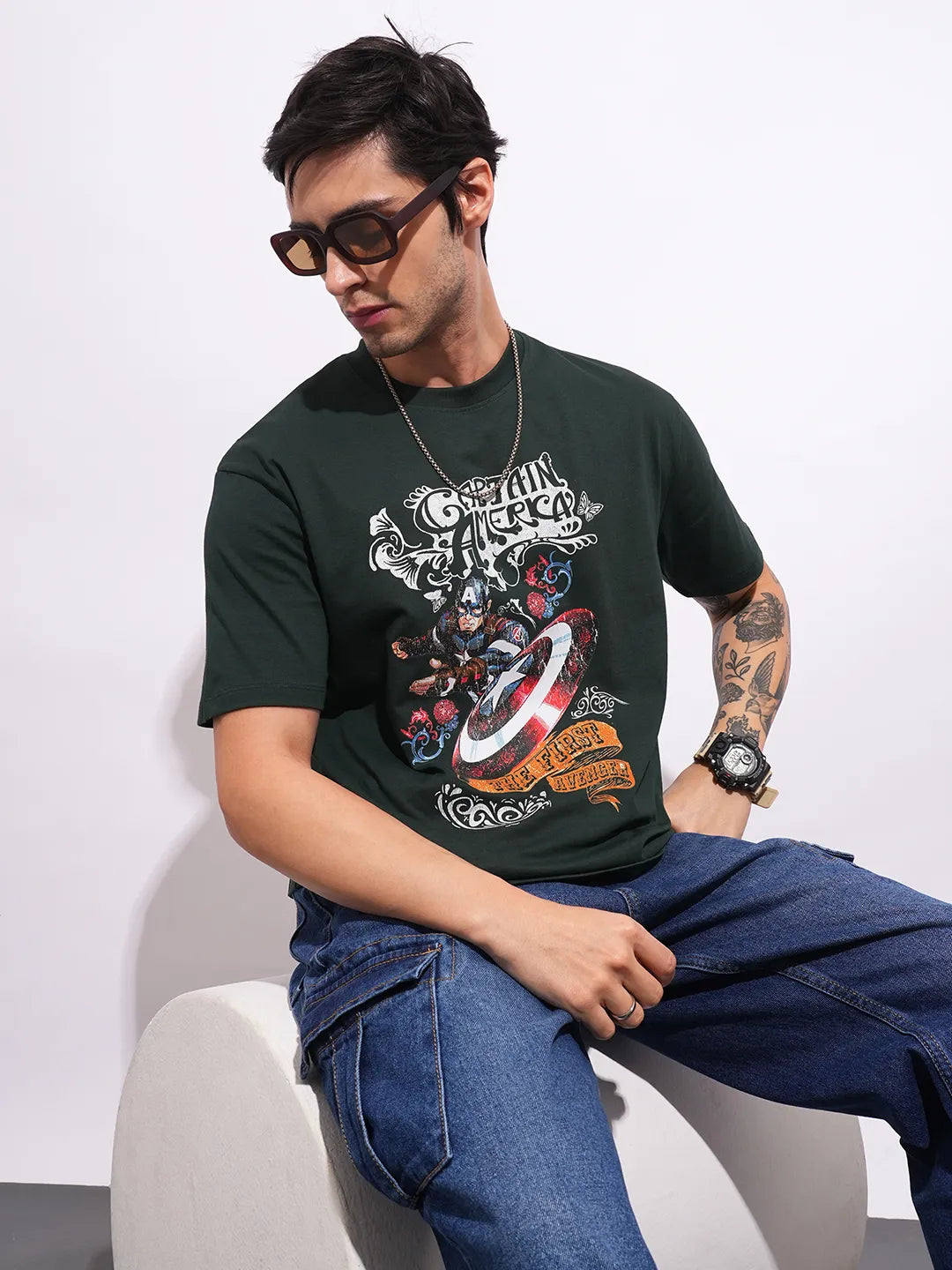 Captain America Dark Green Easy Fit Round Neck Men's T-Shirt by Being Human Clothing