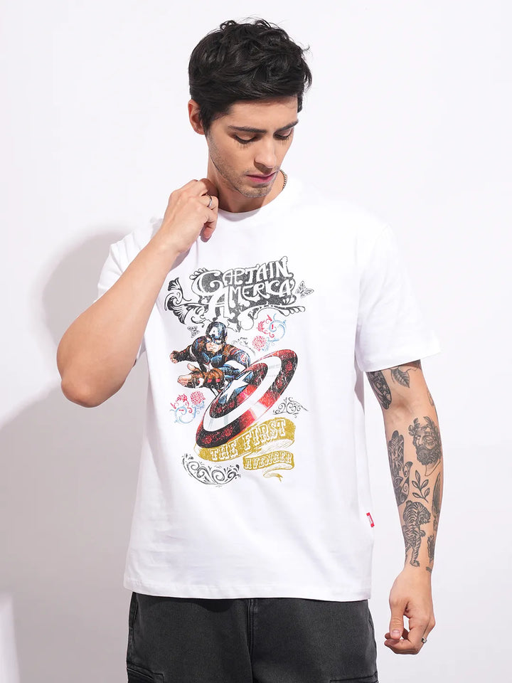 Captain America White Easy Fit Round Neck Men's T-Shirt by Being Human Clothing