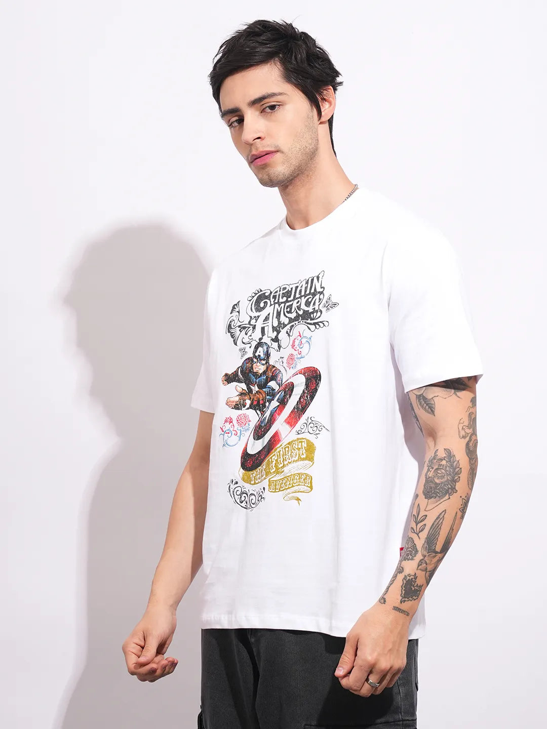 Captain America White Easy Fit Round Neck Men's T-Shirt by Being Human Clothing