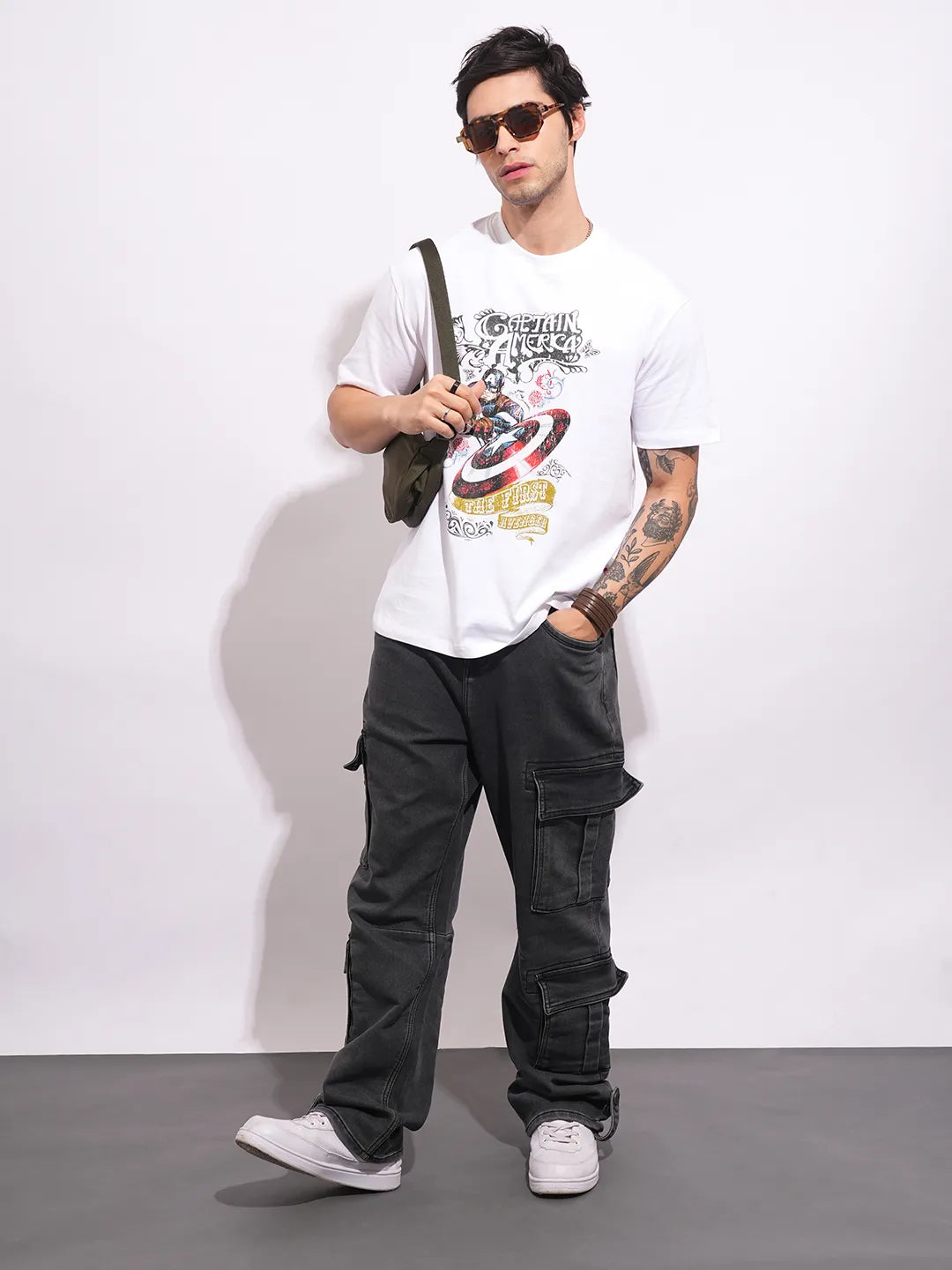 Captain America White Easy Fit Round Neck Men's T-Shirt by Being Human Clothing