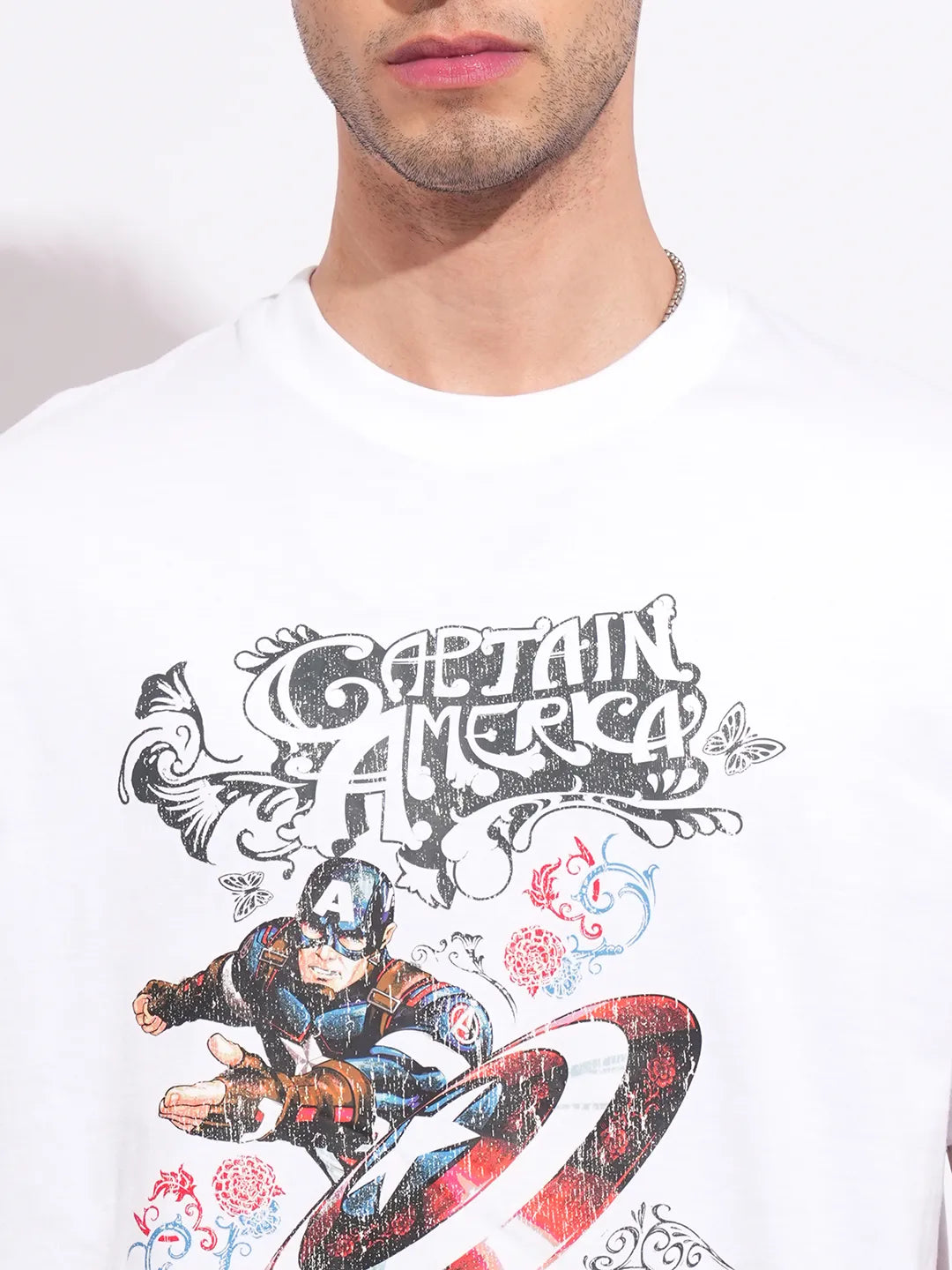 Captain America White Easy Fit Round Neck Men's T-Shirt by Being Human Clothing