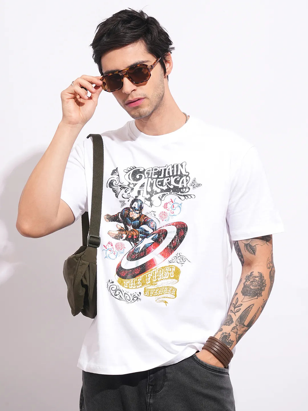 Captain America White Easy Fit Round Neck Men's T-Shirt by Being Human Clothing