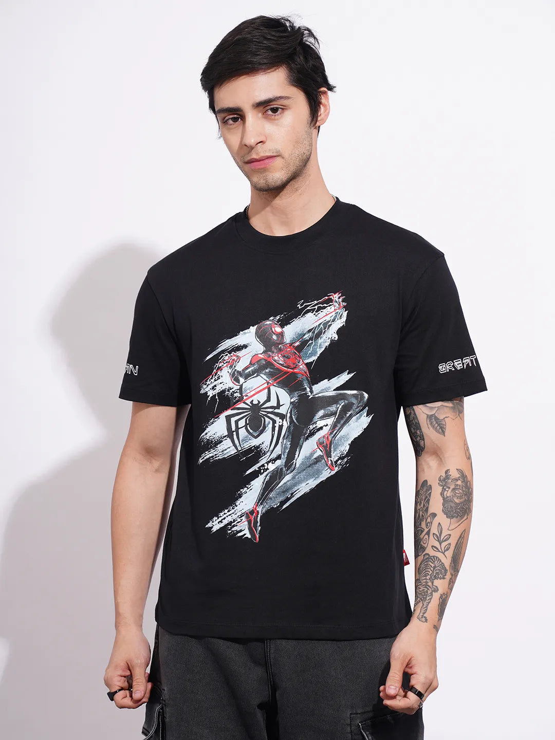 Being Human Clothing Men's Black Spiderman Crew Neck T-shirt