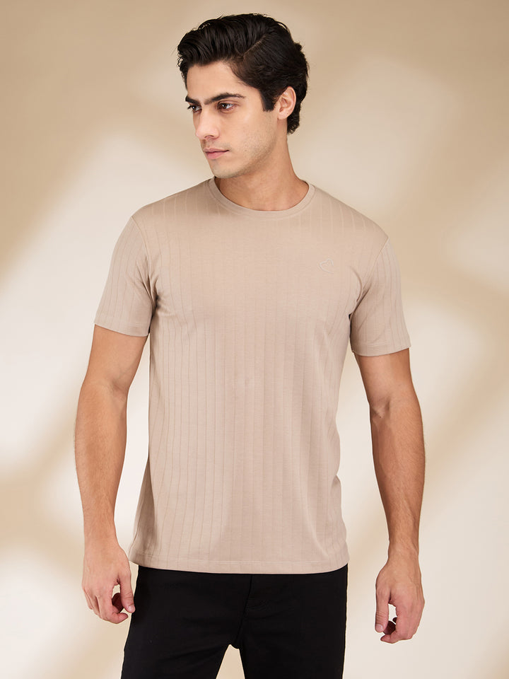 Beige Slim Fit Round Neck Mens T-shirt