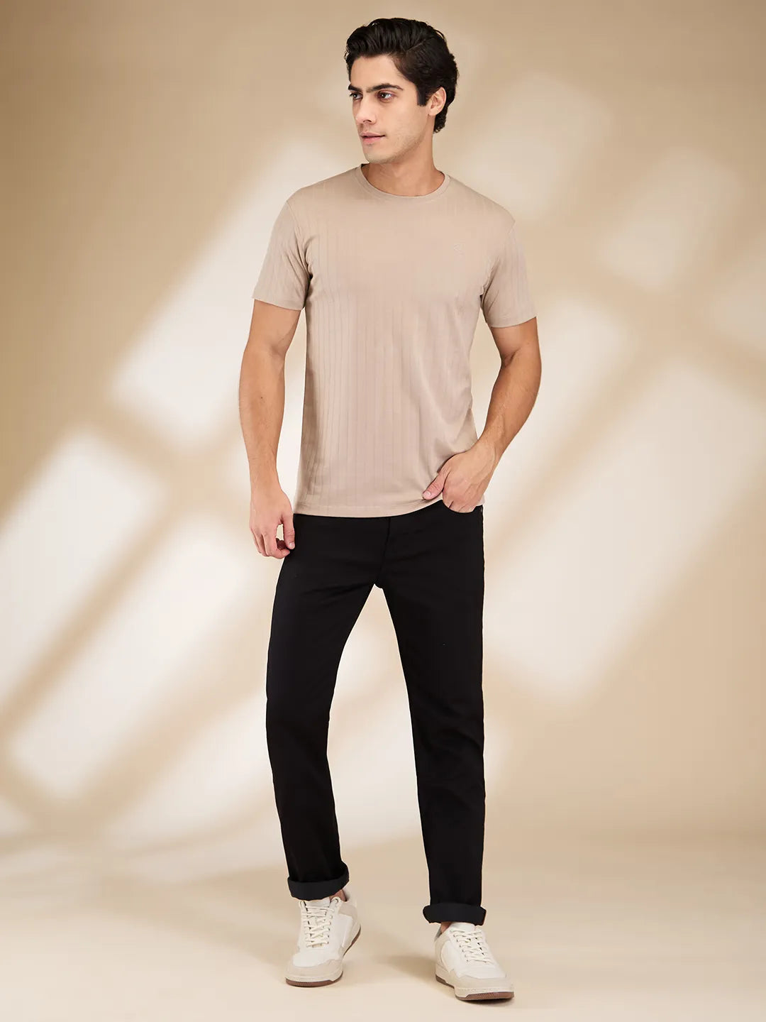Beige Slim Fit Round Neck Men's T-Shirt by Being Human Clothing