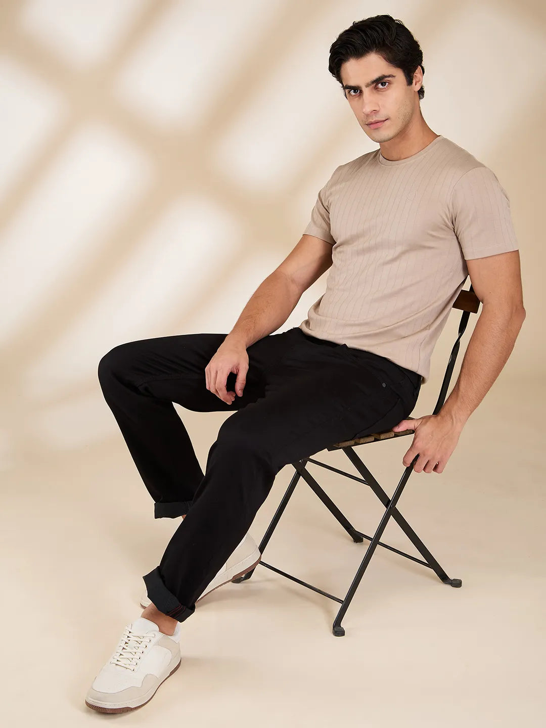 Beige Slim Fit Round Neck Men's T-Shirt by Being Human Clothing