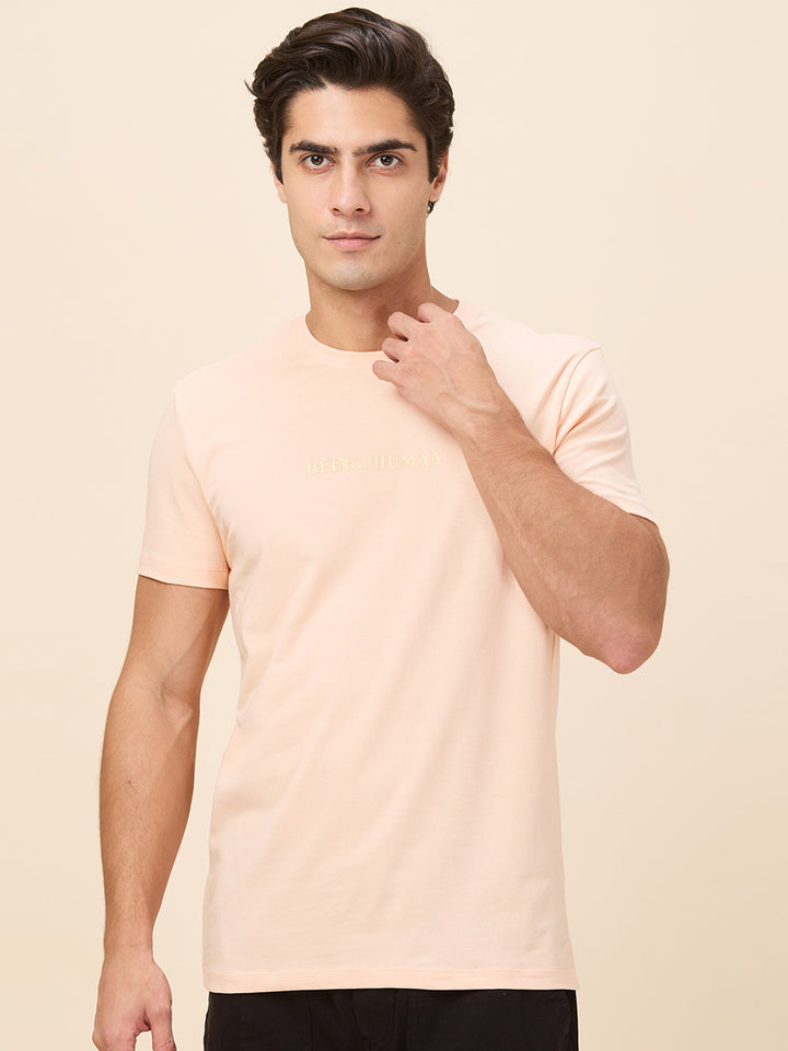 Peach Slim Fit Round Neck Mens T-shirt