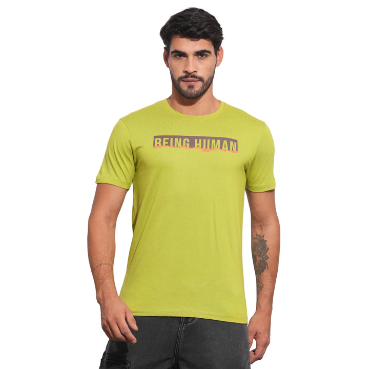 Pop Green Slim Fit Round Neck Men's T-Shirt by Being Human Clothing