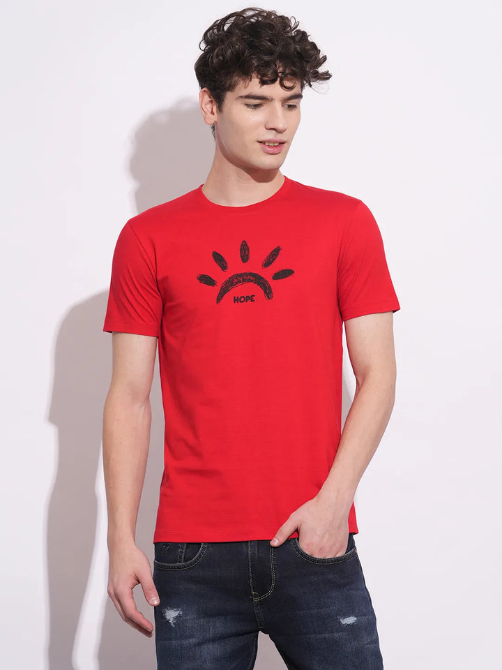 Red Slim Fit Round Neck Men's T-Shirt by Being Human Clothing