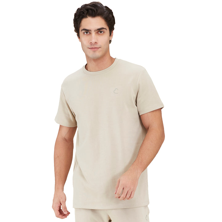 Beige Slim Fit Round Neck Mens T-shirt