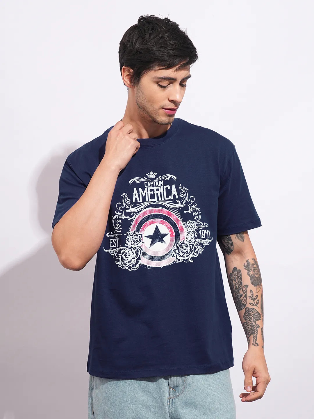Being Human Clothing Men's Navy Captain America Crew Neck T-shirt