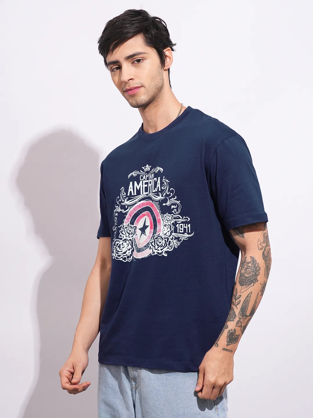 Being Human Clothing Men's Navy Captain America Crew Neck T-shirt