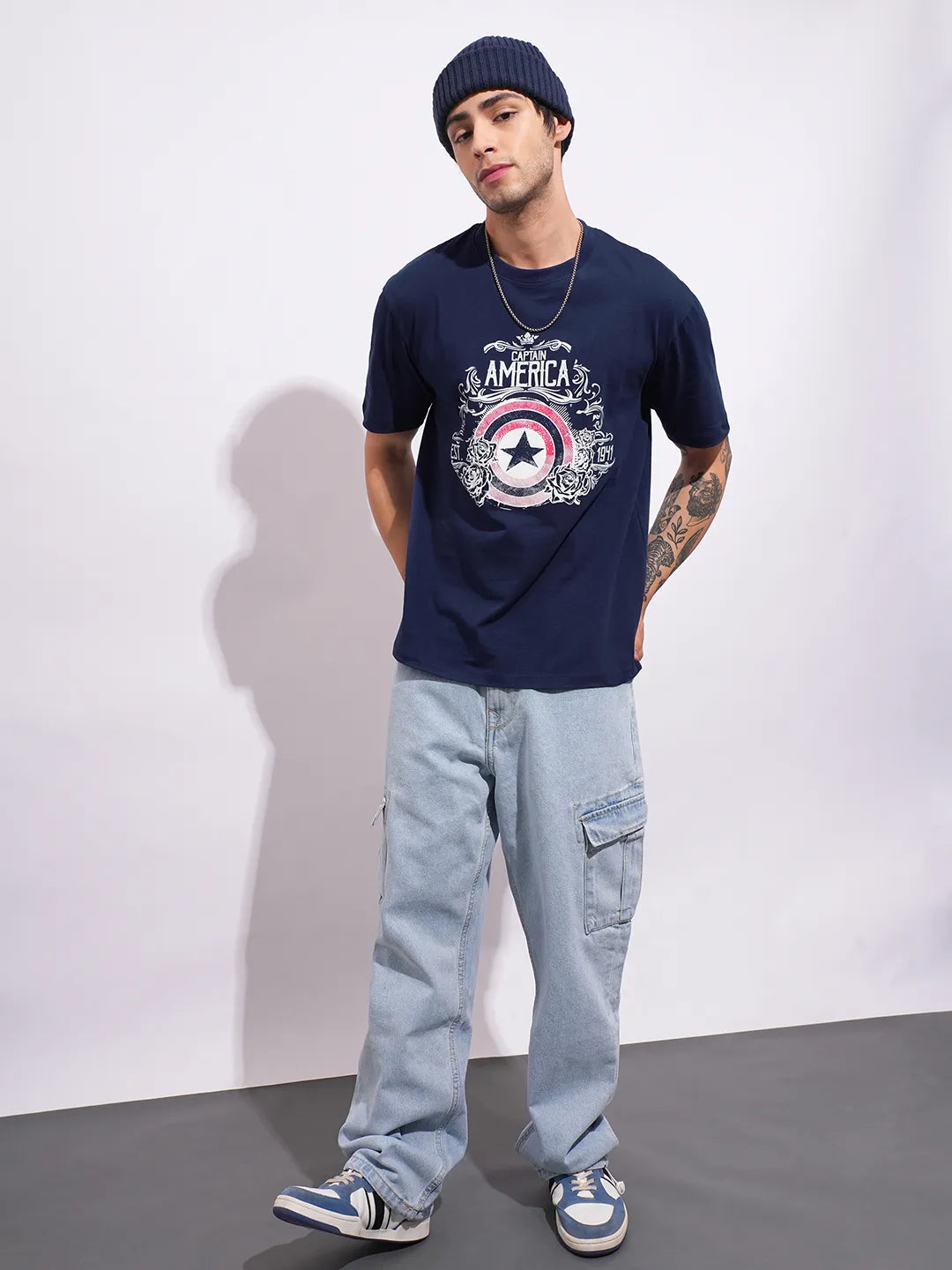 Being Human Clothing Men's Navy Captain America Crew Neck T-shirt