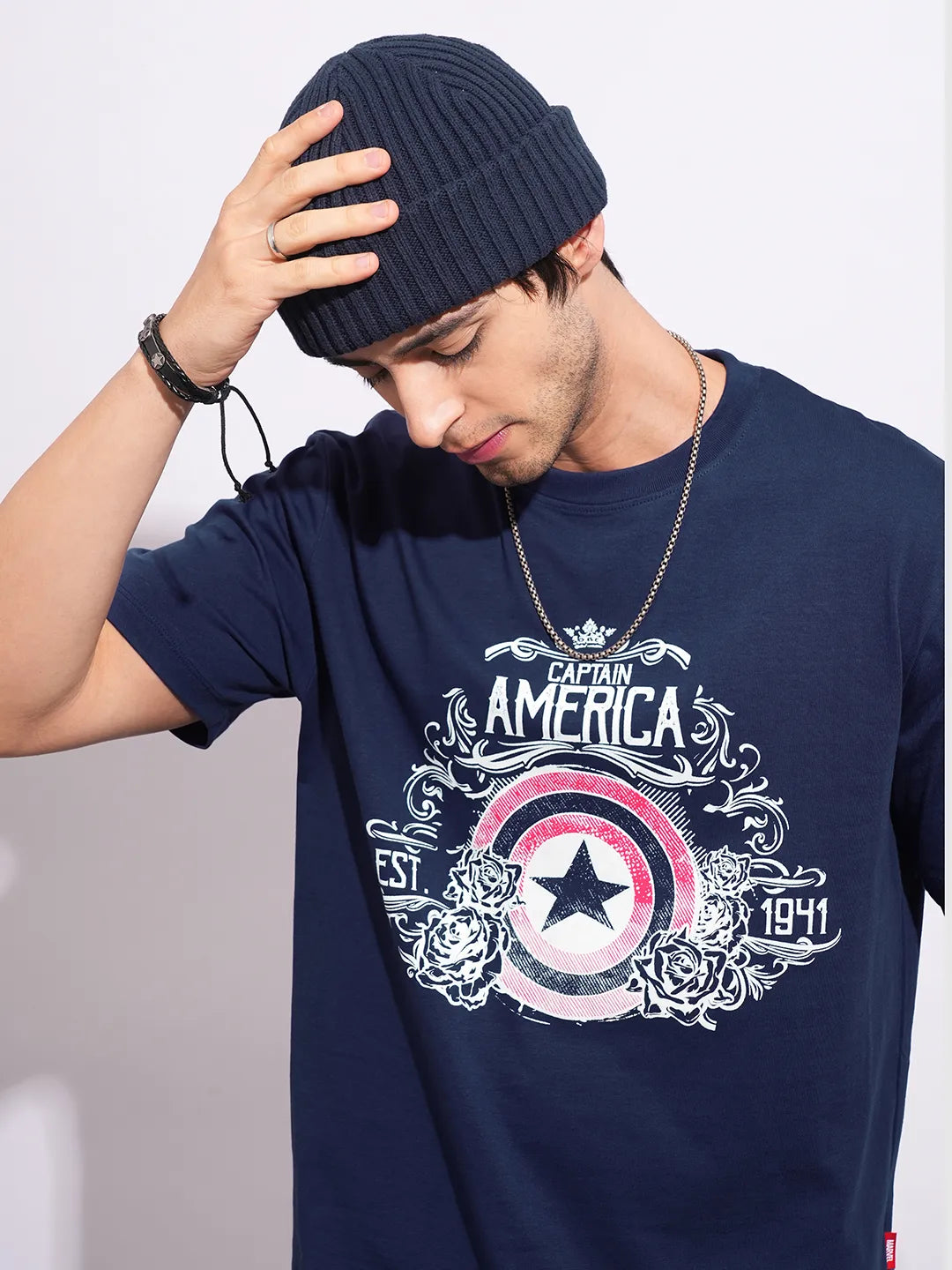 Being Human Clothing Men's Navy Captain America Crew Neck T-shirt
