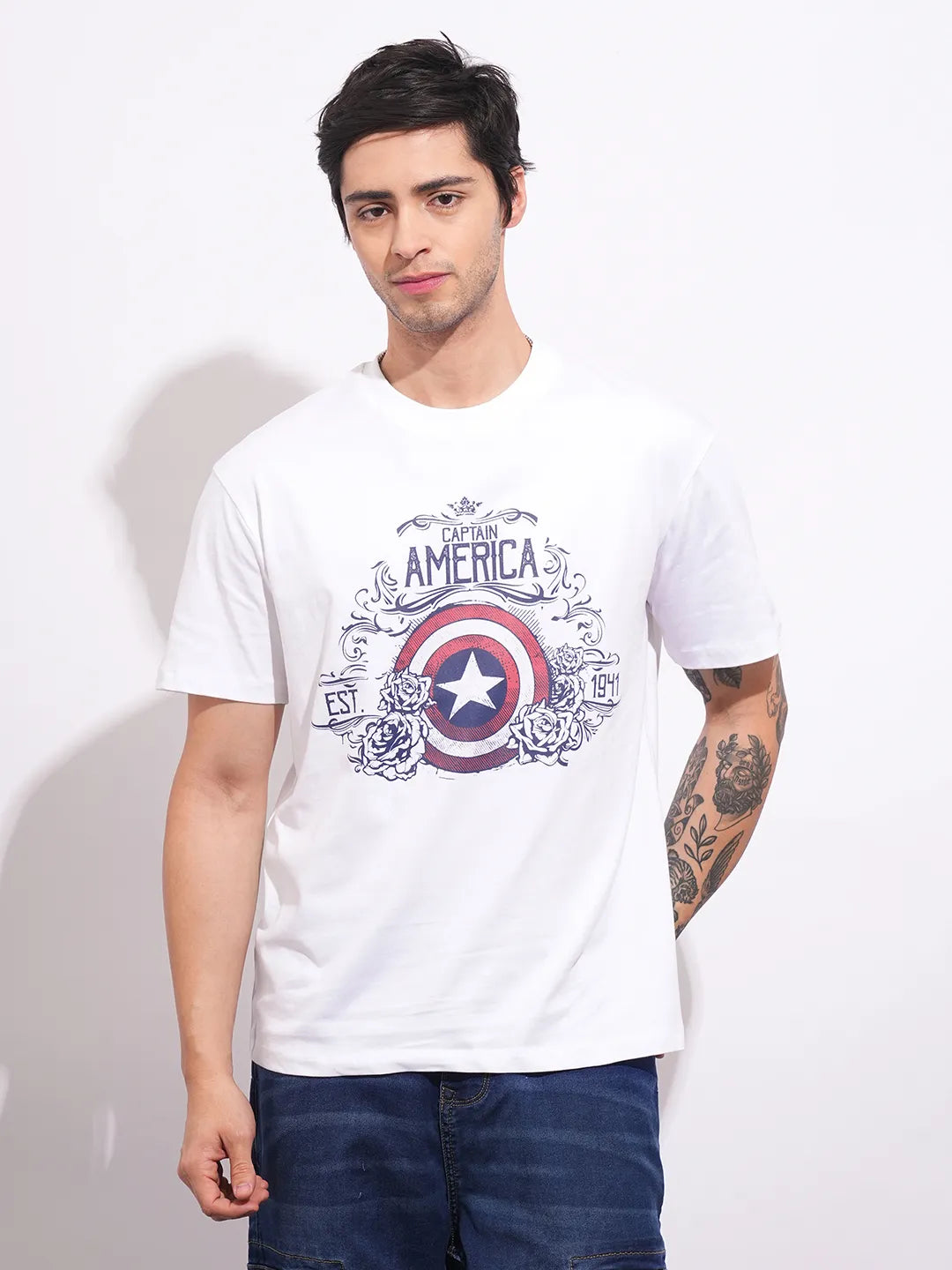 Men's White Captain America Crew Neck T-shirt by Being Human Clothing