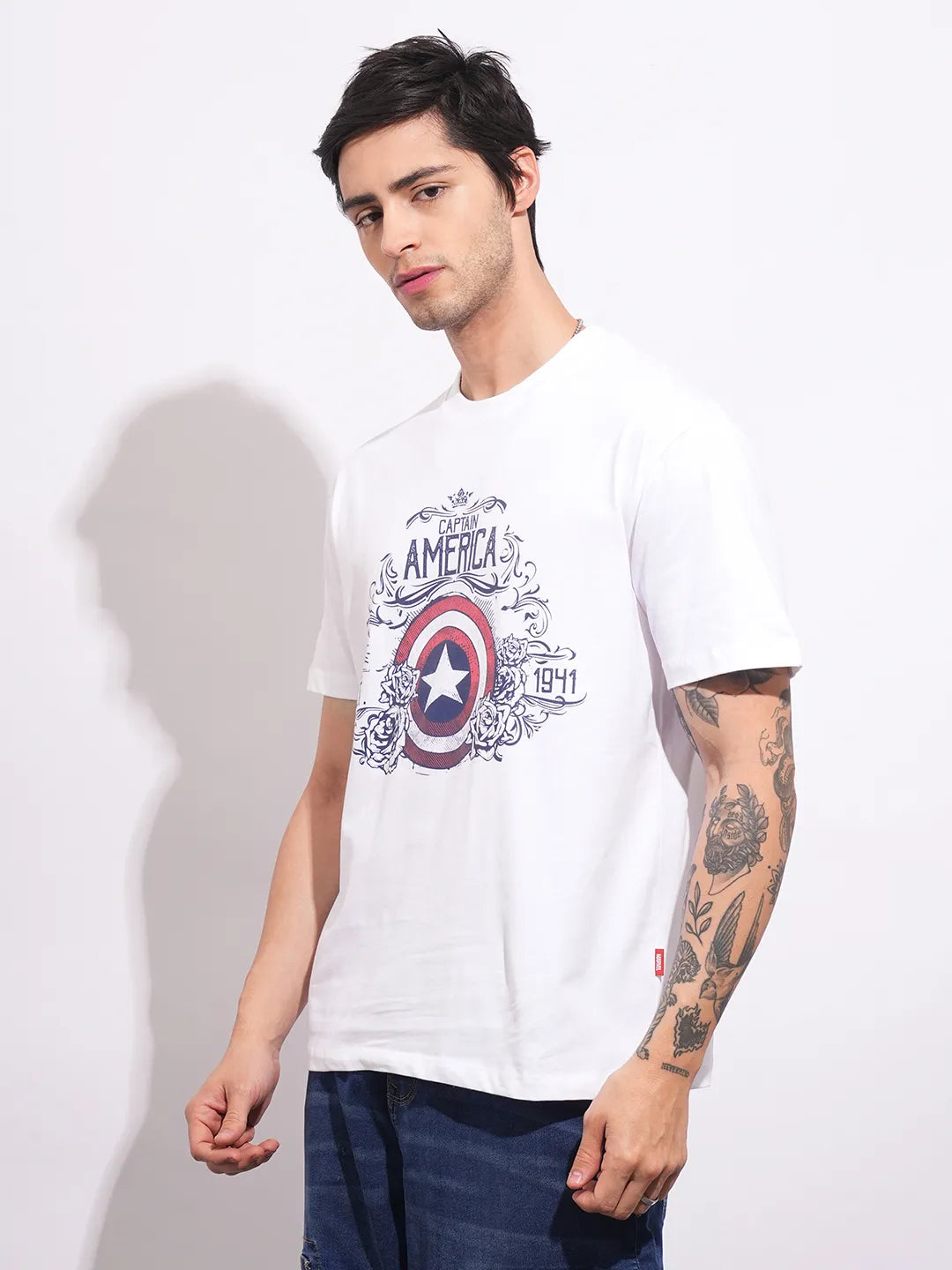 Men's White Captain America Crew Neck T-shirt by Being Human Clothing