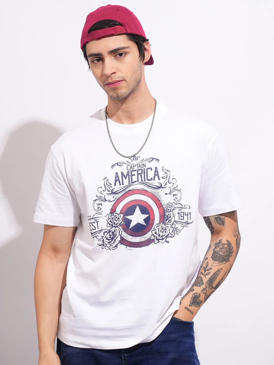 Men's White Captain America Crew Neck T-shirt by Being Human Clothing