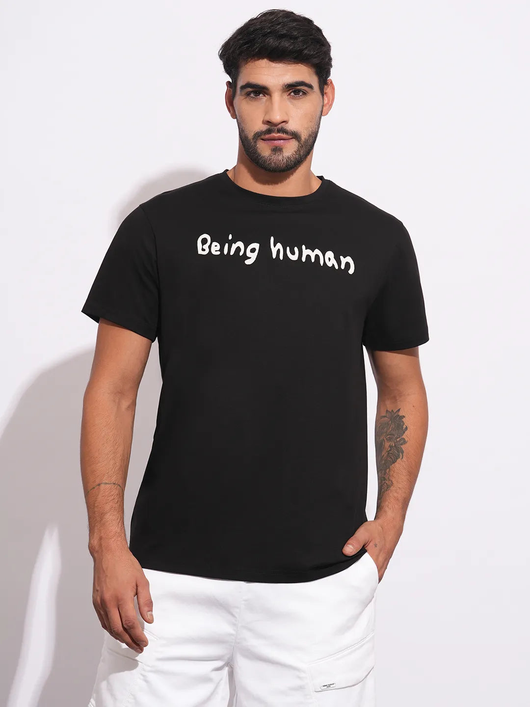 Mens-Top Crew Neck Black by Being Human Clothing