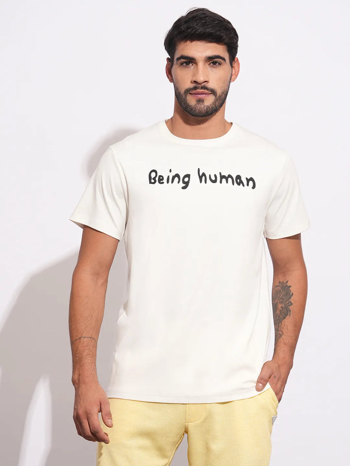 White Slim Fit Round Neck Men's T-Shirt by Being Human Clothing
