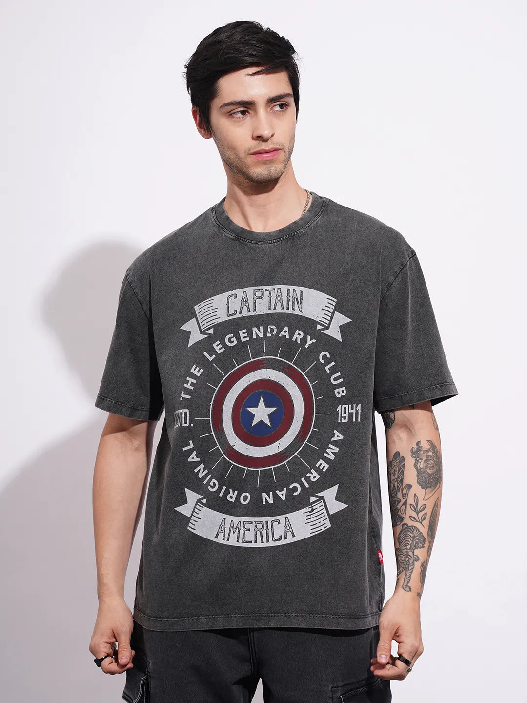 Being Human Clothing Men's Charcoal Grey Captain America Crew Neck T-shirt