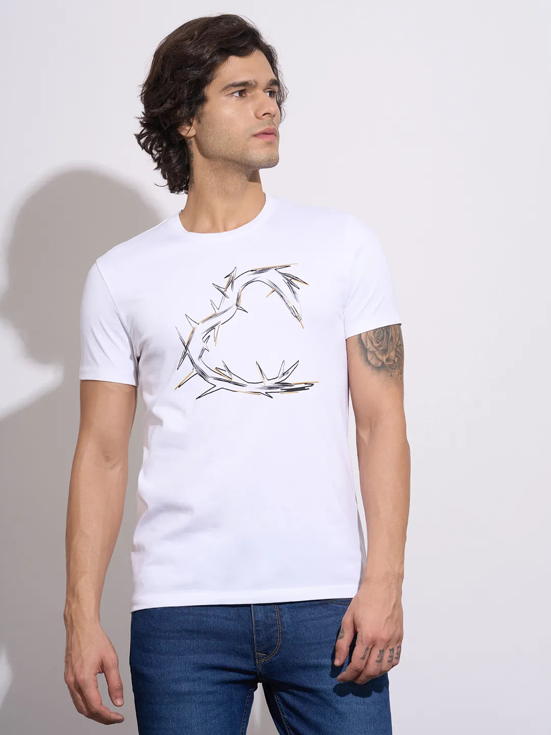 Men's White Graphic Print Crew Neck T-Shirt by Being Human Clothing