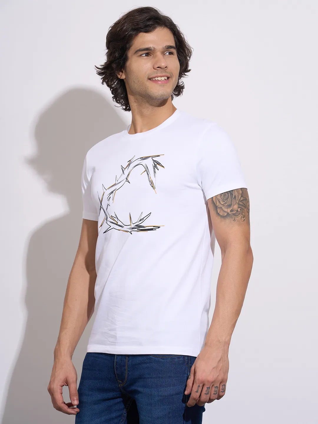 Men's White Graphic Print Crew Neck T-Shirt by Being Human Clothing